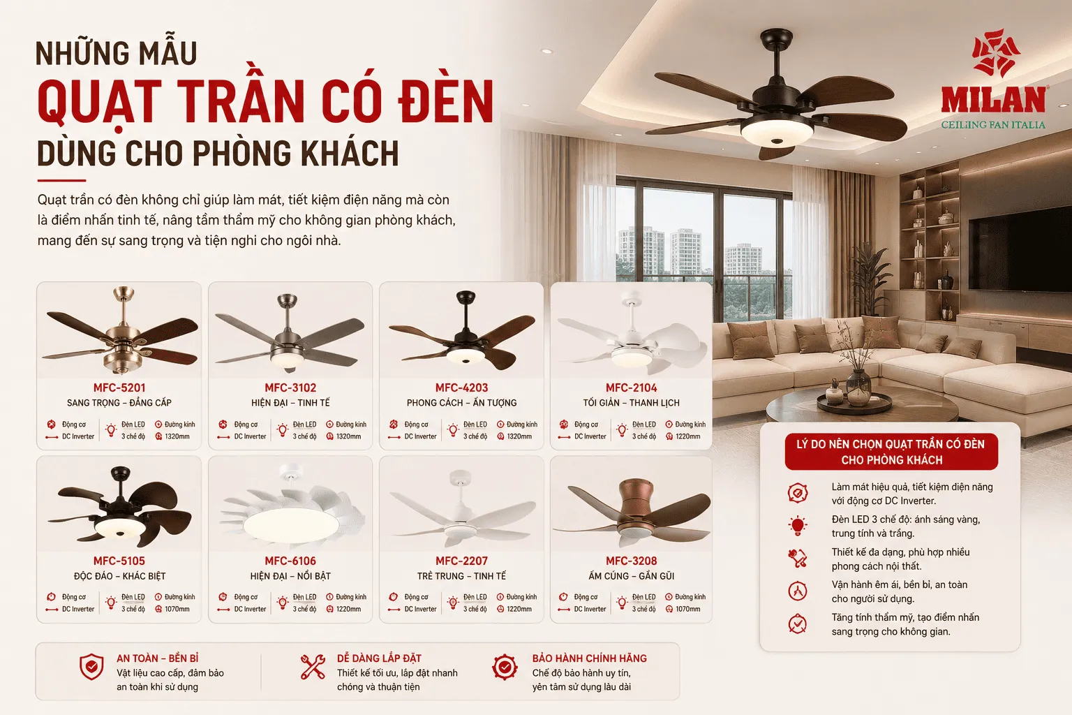 quạt trần có đèn phòng khách